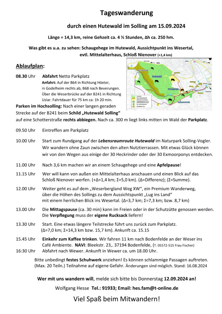 Tageswanderung im Solling durch einen Hutewald ca. 16 km, (nur mit Anmeldung bei Wolfgang Hesse, Tel. 91933)